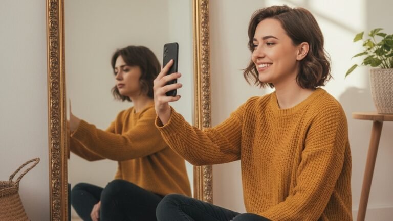 Joven sonriente tomando una selfie frente a un espejo; el reflejo muestra una expresión triste y decaída.